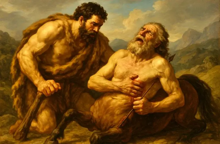 Kheiron, göğsüne saplanan zehirli okla acı içinde yere çökmüş, yanında endişeli bir şekilde eğilen Herakles görülüyor. Arka planda dağlık bir manzara var.